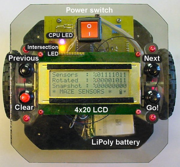 Overhead photo of maze-solving robot with LCD and pushbuttons.