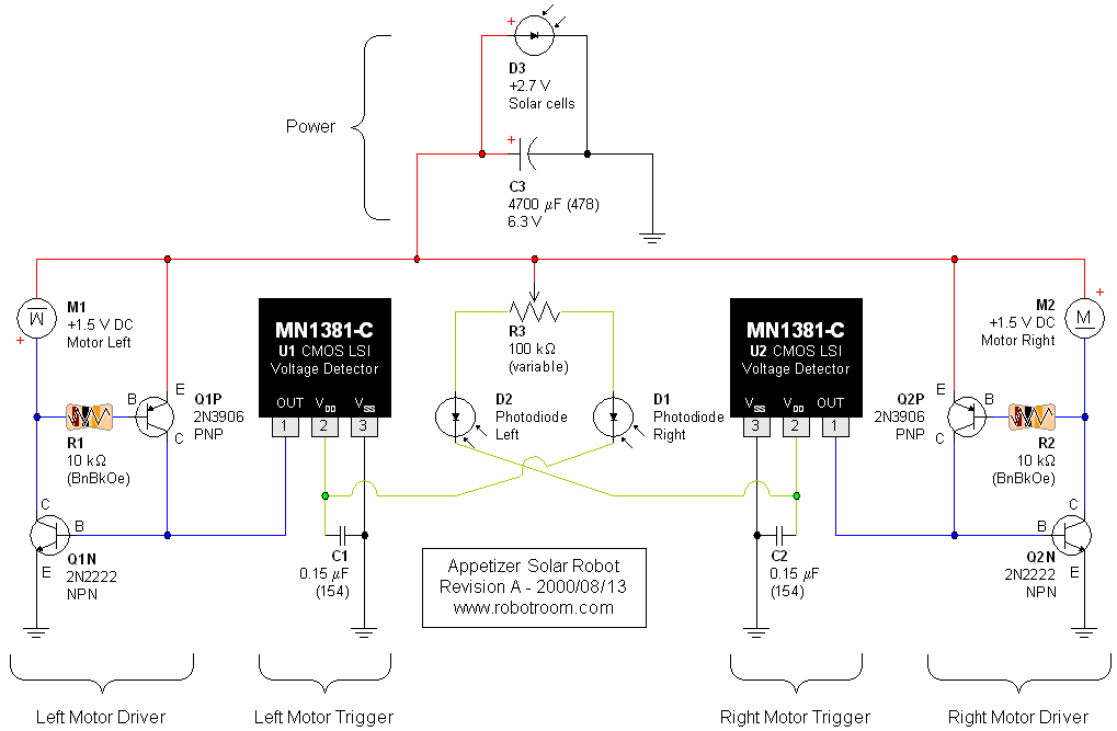Wiring diagram / schematic for a robot powered by a solar cell.
