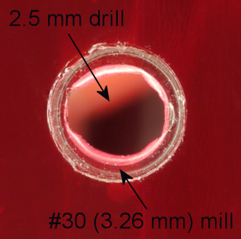 Small drill hole and shallow larger mill hole