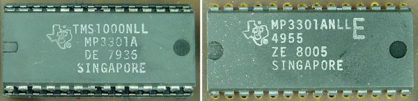 Texas Instruments TMS1000NLL 4-bit microcontroller from 36th week of 1979 (7935) and 5th week of 1980 (8005) with MP3301A (Big Trak) program. Note in the example of the right, the part labeling drops TMS1000 and adds 4955, which was the model part number for the Big Trak.