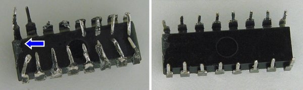 16-pin DIP with bent pins damaged from being stepped on and a broken edge (see arrow) from a spring clamp during desoldering. The pins have not yet been cleaned of residual solder and the exposed portions of each pin show dark oxidation from age. On the right, the pins have been carefully straightened and the old solder has been smoothed or removed.