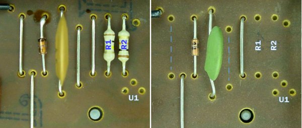 The support resistors and jumper wires (left) disappeared (right) from later Big Trak boards. The color change in the capacitor is unimportant.