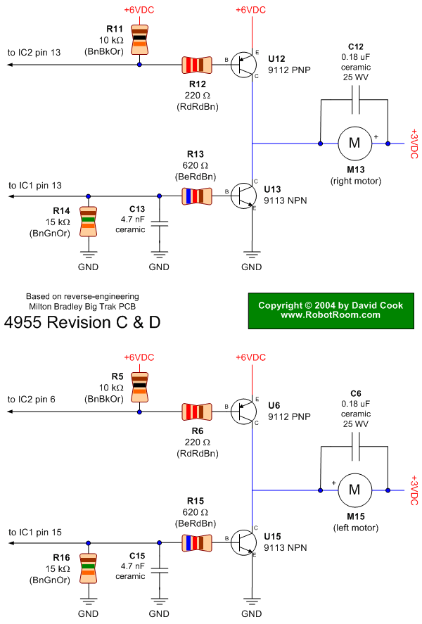 Schematic of the Big Trak motor driver circuit with bipolar transistors. Only a half bridge is needed per motor due to intelligent use of a split power supply.