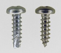 Left: Original zinc-plated Big Trak screw. Right: Acceptable stainless-steel replacement lacks cutting tip.