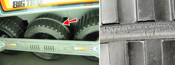 Left: Rubber o-rings on the Big Trak provide traction. Right: The o-rings crack with age.
