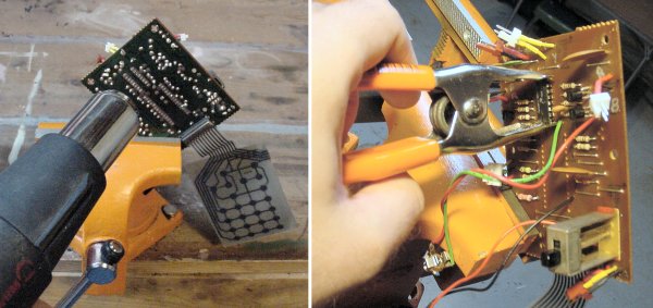 Removing DIP chips soldered directly to the board by heating the board with a heat gun while pulling the chip away with a spring clamp.