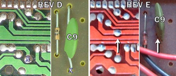 By moving a hole, physically smaller capacitors or shorter lead lengths could be used on the REV E board. (REV E photos courtesy of Pablo Bleyer Kocik)