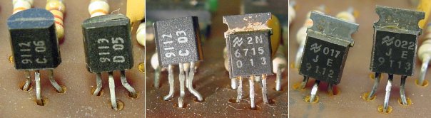 Left: Standard 9112 and 9113 transistors in TO-92 packages. Middle: 2N6715 in a TO-237 package. Right: 9112 and 9113 in TO-237 packages.