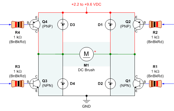 Schematic of a bipolar transistor hbridge circuit to drive a DC motor. Can you see the letter 'H'?