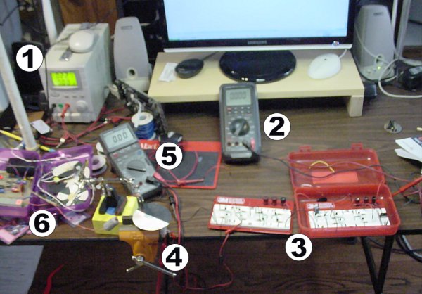 Test equipment set up to measure the performance of an electronic H-bridge and DC motor.