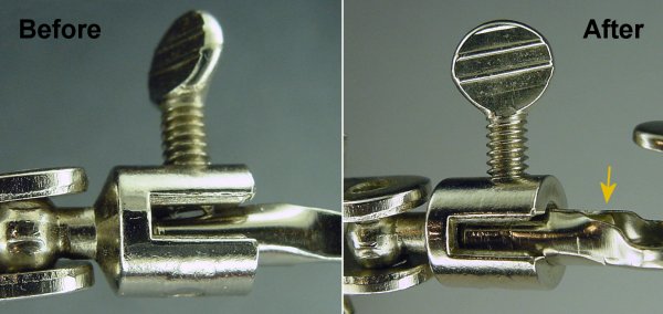 Before and after image of brass rod protecting alligator clip barrel against crimping.