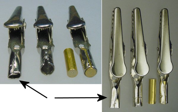 Crimped barrel end of an alligator clip repaired with brass rod.