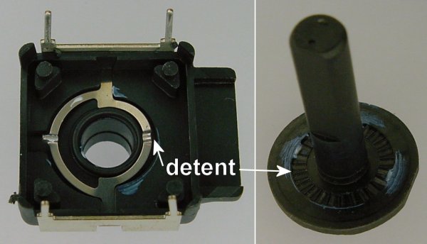 The top and spindle shaft of a rotary encoder includes a detent (a spring with bumps) that makes a clicking sound as the shaft is turned.