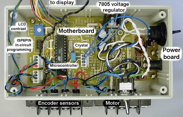 The inside of the project box includes the motherboard, connectors, and power board for the electronic counter.