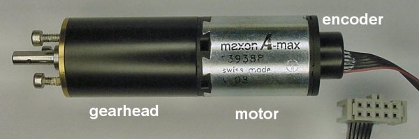 A Maxon A-max motor with gearhead and encoder.