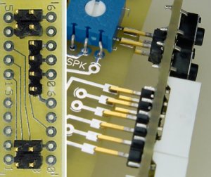Standard 1 inch headers on a numeric LED display face circuit board slid onto pads on the primary circuit board.
