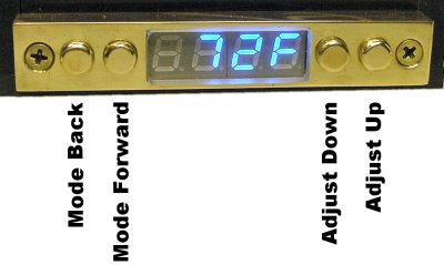 Solid-brass button controls with polycarbonate window.