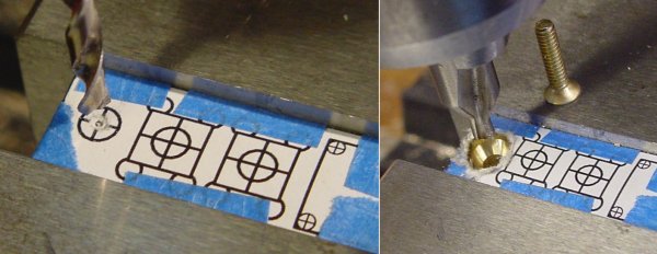 The screw hole positions are located by barely touching the paper template to determine if the bit is aligned with the printed crosshairs.