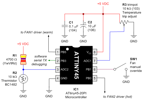 Schematic of fixed resistor with thermistor voltage divider, and potentiometer voltage divider, read by an Atmel ATtiny45 microcontroller