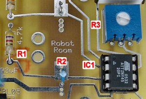 Close-up of fixed resistor and thermistor voltage divider read by ATtiny45 microcontroller