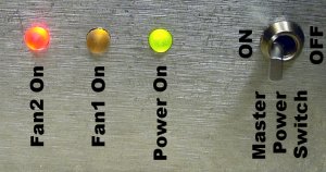 Front of the fan controller showing master power switch and status LEDs.