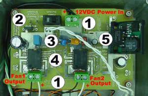 Circuit board inside of the fan controller showing safety features, MC33887DH motor fan driver, and PT5101N 5V switch regulator.