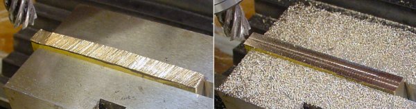 A milling machine removes the jagged top from the brass workpiece.