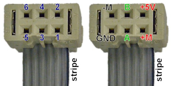 Left: Pinout of the Faulhaber gearmotor encoder. Right: Example pinout to drive the motor forward.