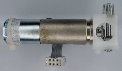 Faulhaber gearmotor with encoder and 90-degree drive box.