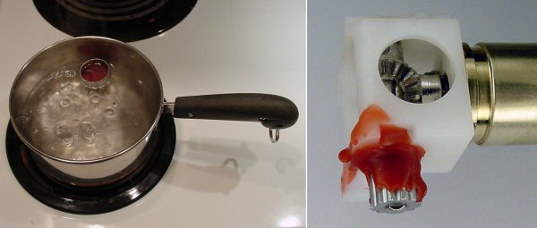 Melting wax on a stove to get an impression of the setscrew hex key size.