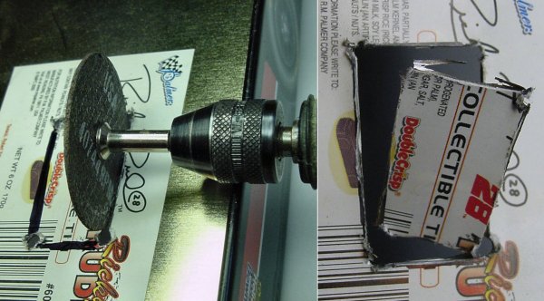 Cutting a wheel access in a metal candy container with a Dremel cut-off disc.