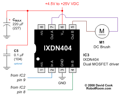Simple single motor driver schematic with an IXDN404 (use the replacement IXDN604 now).