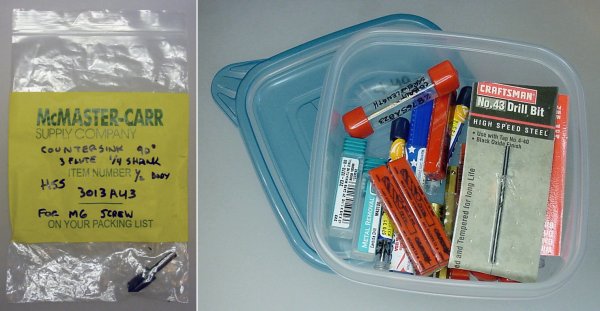 Left: High-speed steel countersink in a labeled plastic resealable bag. Right: Taps and HSS drill bits in a sealed Ziploc container.
