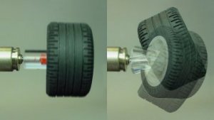Left: Motor shaft to LEGO wheel coupler without flaws. Right: Same coupler but with purposely severe angular offset errors.