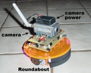 Mounting a compact video camera with microphone and RF transmitter onto a robot for a unique and fun view of the world.