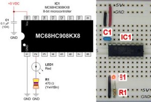 The MC68HC908KX8 8-bit microcontroller in a friendly 16-pin DIP is simple to hook up and test.