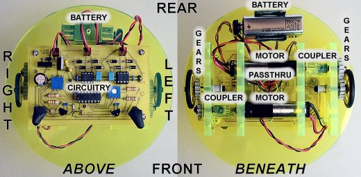 Overhead and underside views of Roundabout, including the unique motor mounts and power train.
