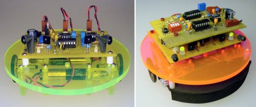Left: Simpler version of the Roundabout robot. Right: Significantly upgraded.