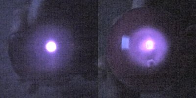 Left: The normally invisible infrared light from a remote control is easy to see in a digital camera. Right: The remote control light passing through a plastic eggshell shows generally the same amount of light, but more spread out.
