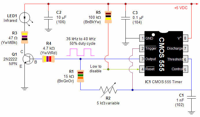 Schematic of 36 kHz to 40 kHz oscillator and infrared emitter