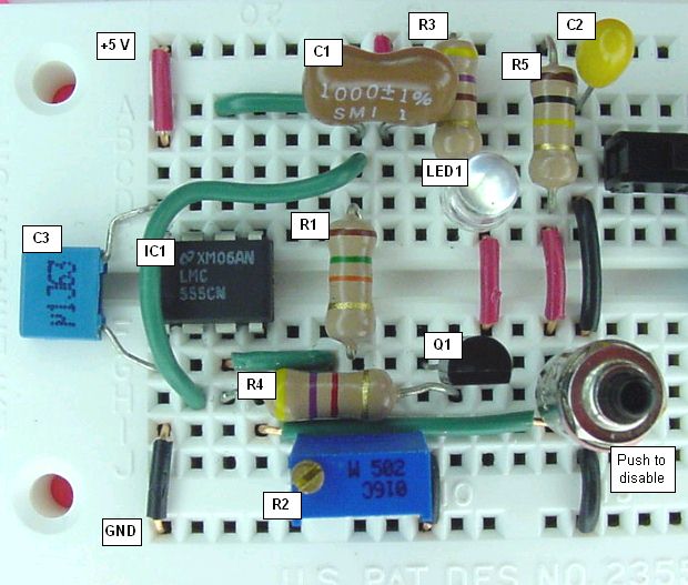 38-kHz infrared emitter on solderless breadboard