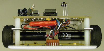 Front view of Jet, the line-following robot, showing the battery and motors