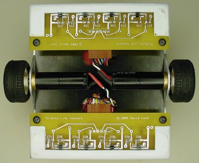 Underneath Jet, the line-following robot, with 4 front and 4 rear sensors