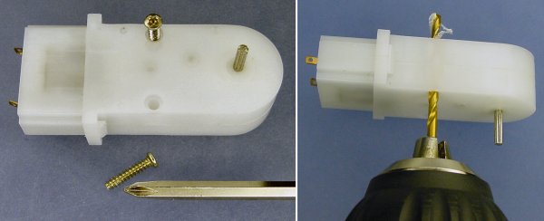 Modifying a GM7 motor for machine screw mounting by removing the existing screws and drilling with a 3/32 drill.