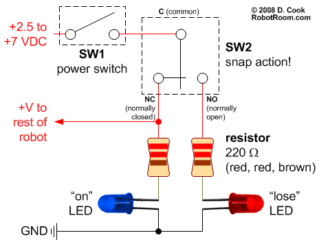 Schematic for a robot power-switch target with indicator LEDs.