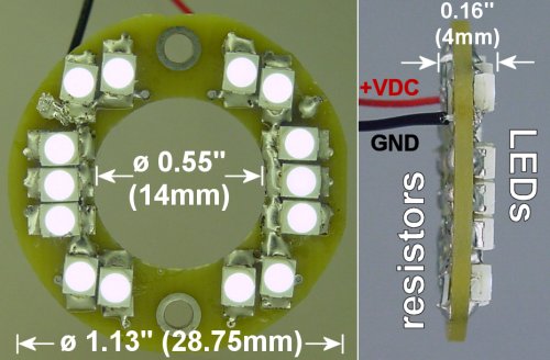 The dimensions of an LED ring light consisting of surface-mount components on a double-sided circuit board.
