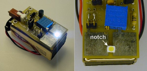 Testing a white LED for polarity and voltage drop on an LED test circuit.