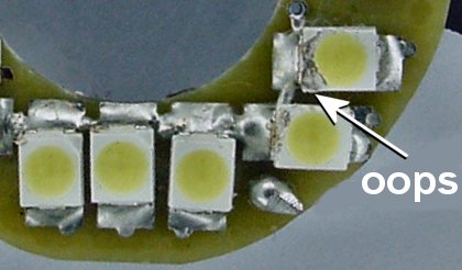 Surface-mount LEDs hand soldered.