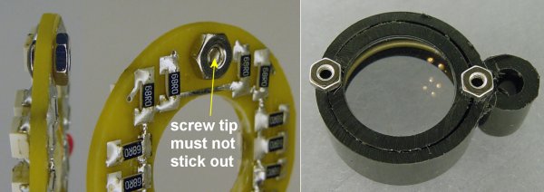 Left: Placing bolts and nuts on the ring light. Right: Nuts super glued in place on the magnifying glass case.