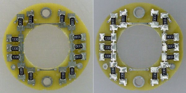Left: Components in place waiting for the silicone to dry. Right: Components after soldering.